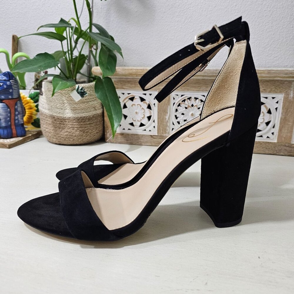 SAM EDELMAN Black Leather Suede Ankle Strap Block Heel Sandal Womens Sz 9.5 W - Picture 3 of 9